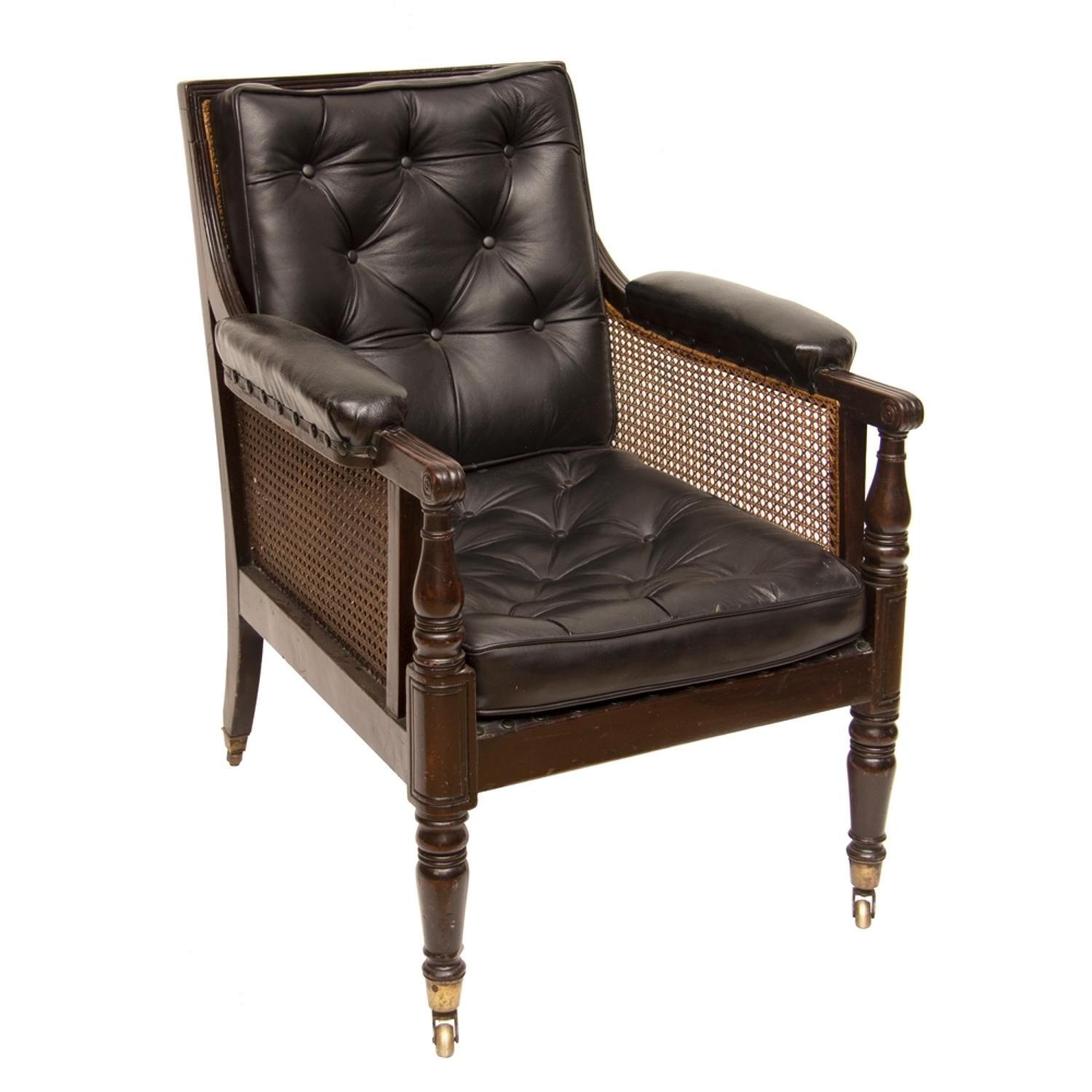 A Bergere Cane Armchair with Leather Back & Cushion c.1840