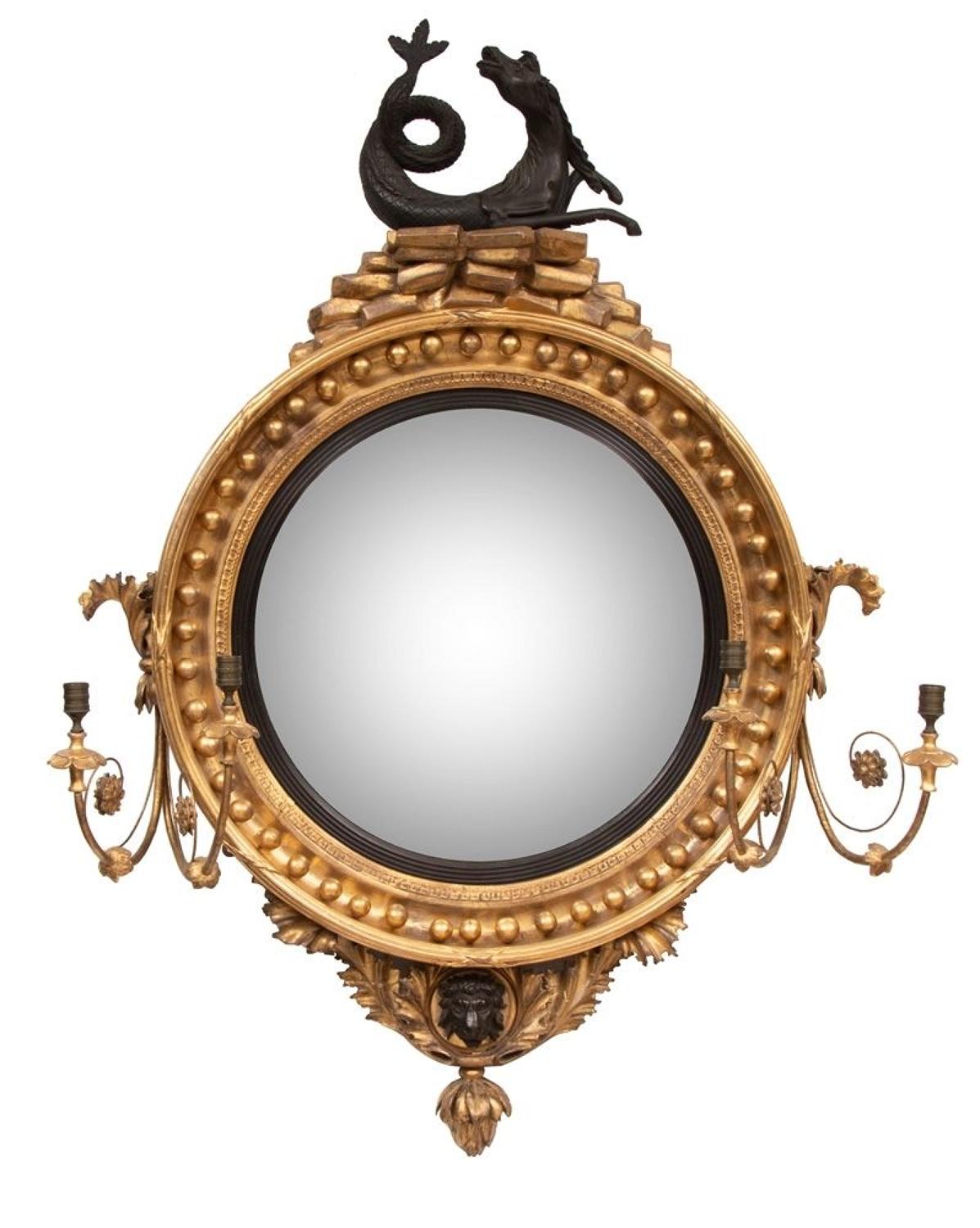 Antique Regency Hippocamp Convex Mirror with Gilded Frame