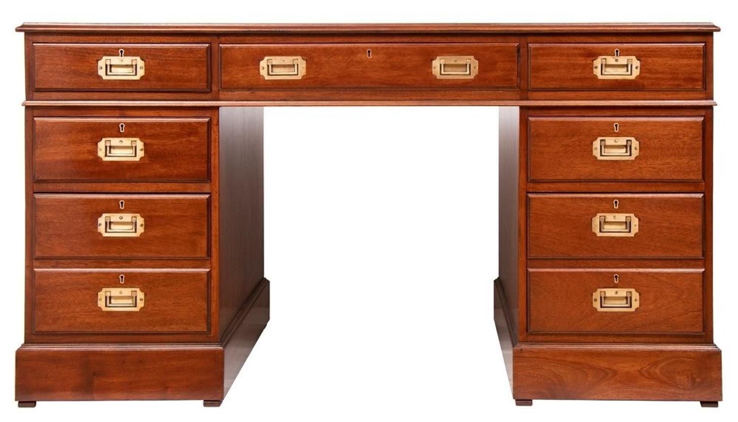 Mahogany Pedestal Desk with military brass handles