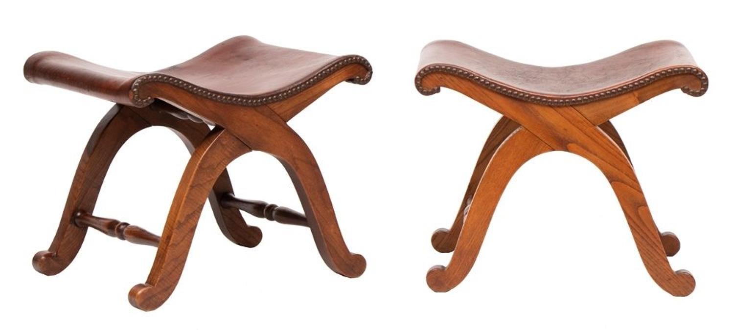 Pair of French Brown Leather Stools by Pierre Lottier