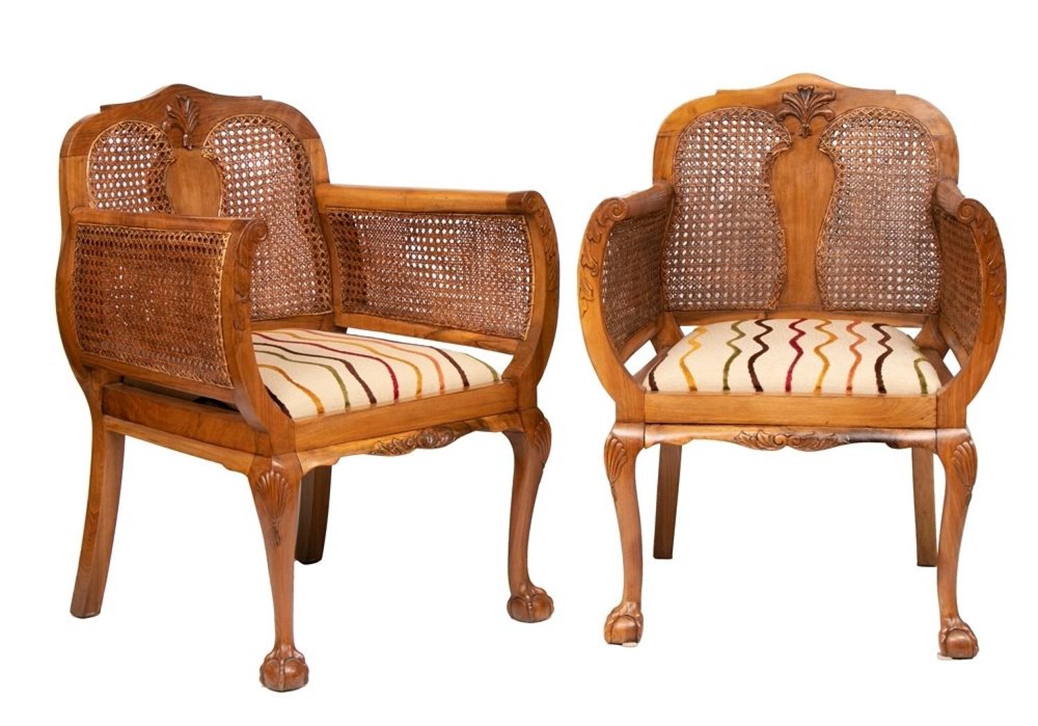 Pair of Early 20th Century Walnut & Bergere Armchairs