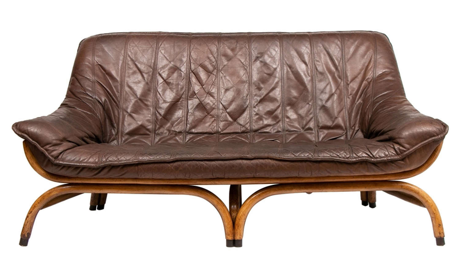 Midcentury Brown Leather Saddle Stitched Sofa