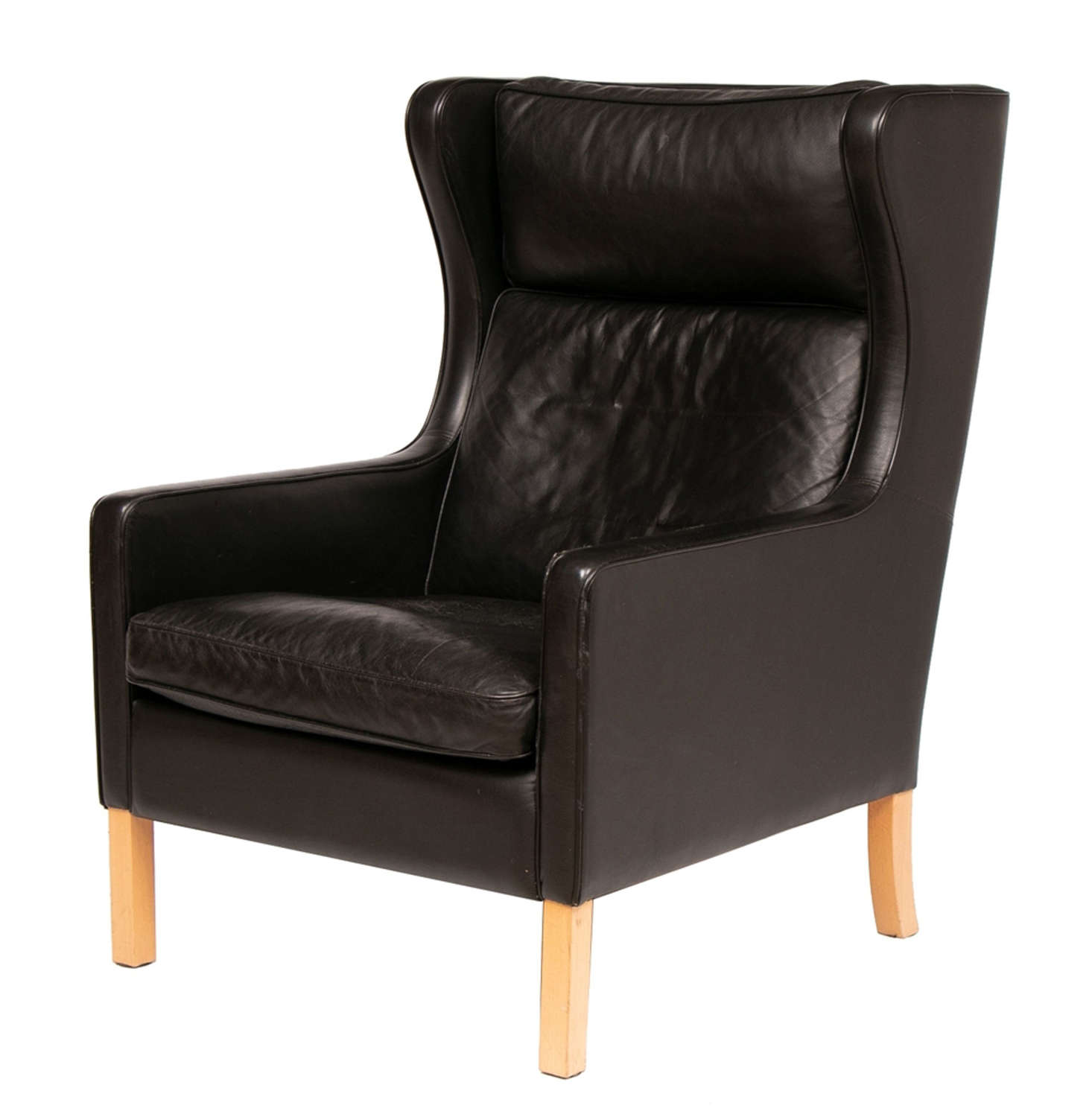 Danish Black Leather Wing Chair by Stouby