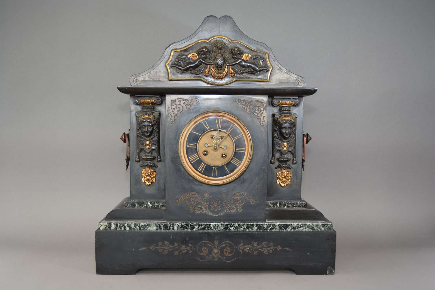 Victorian bronze mounted slate and marble mantel clock