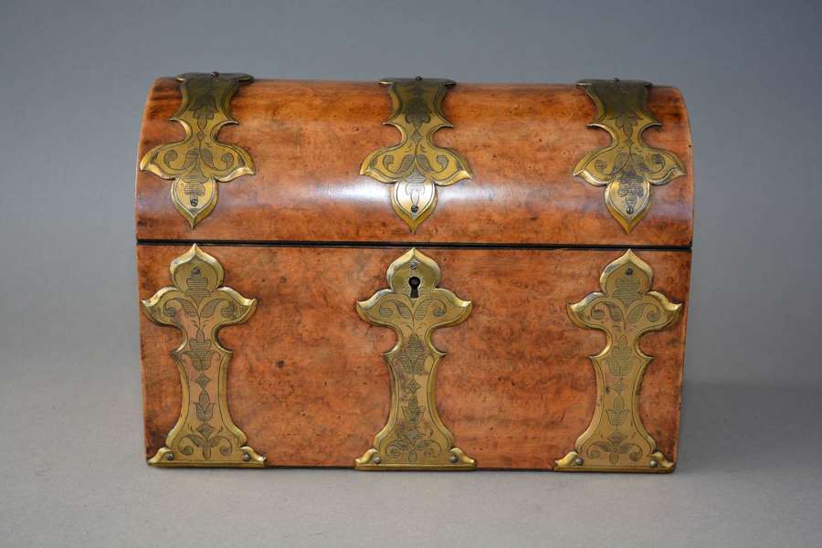 Victorian figured walnut stationary box with brass strapping