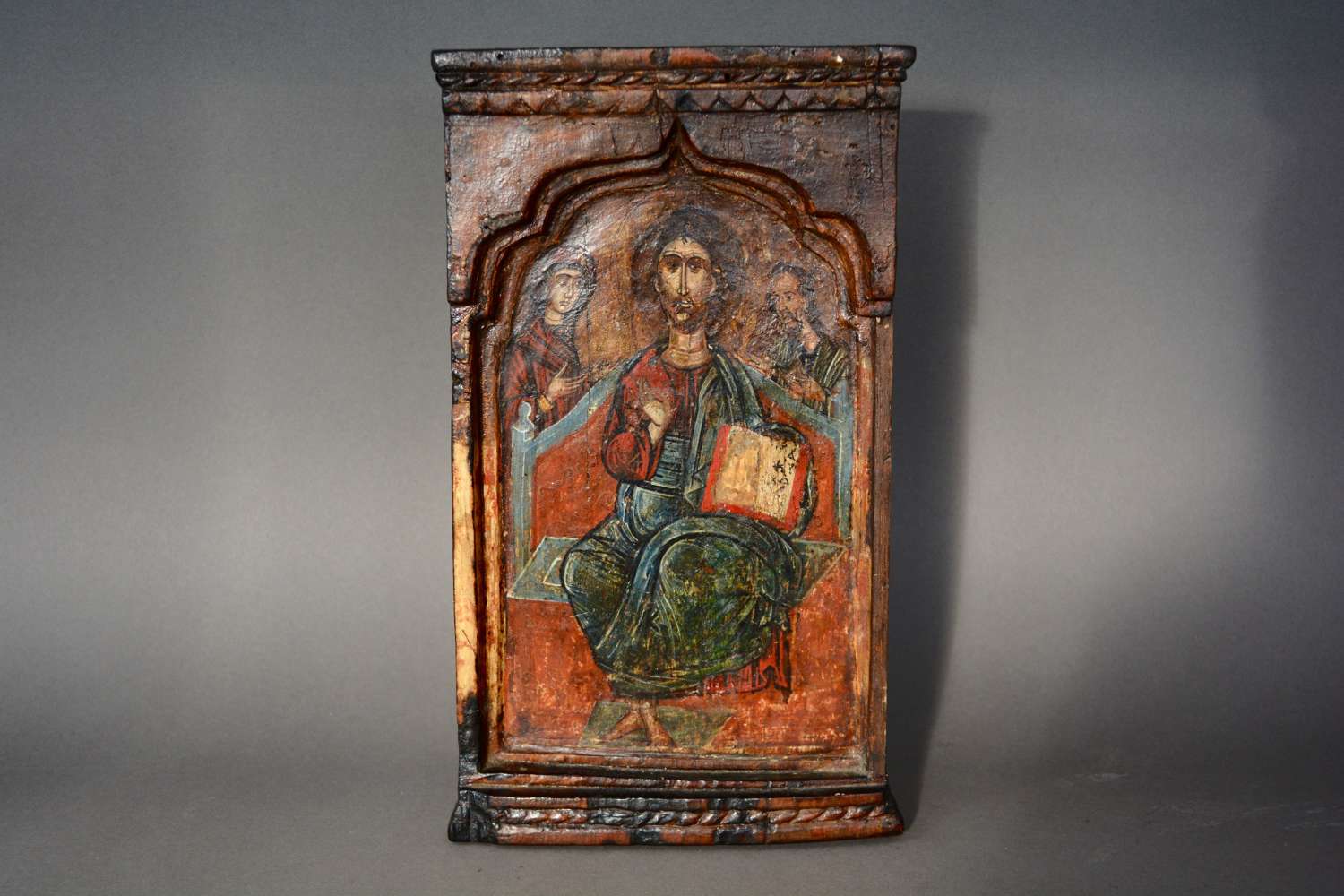 18th century hand painted wooden Icon Jesus Mary and John