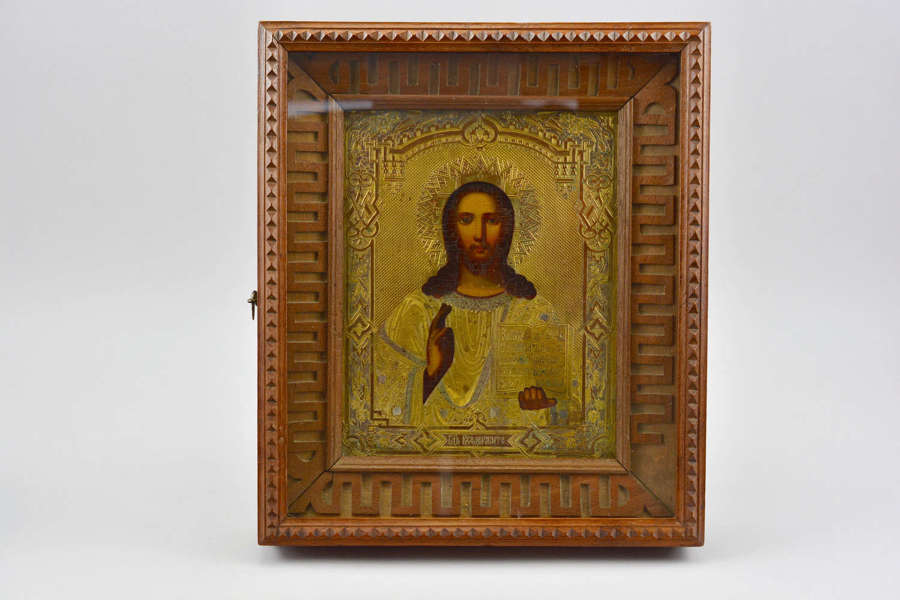 Russian icon Christ blessing with open book