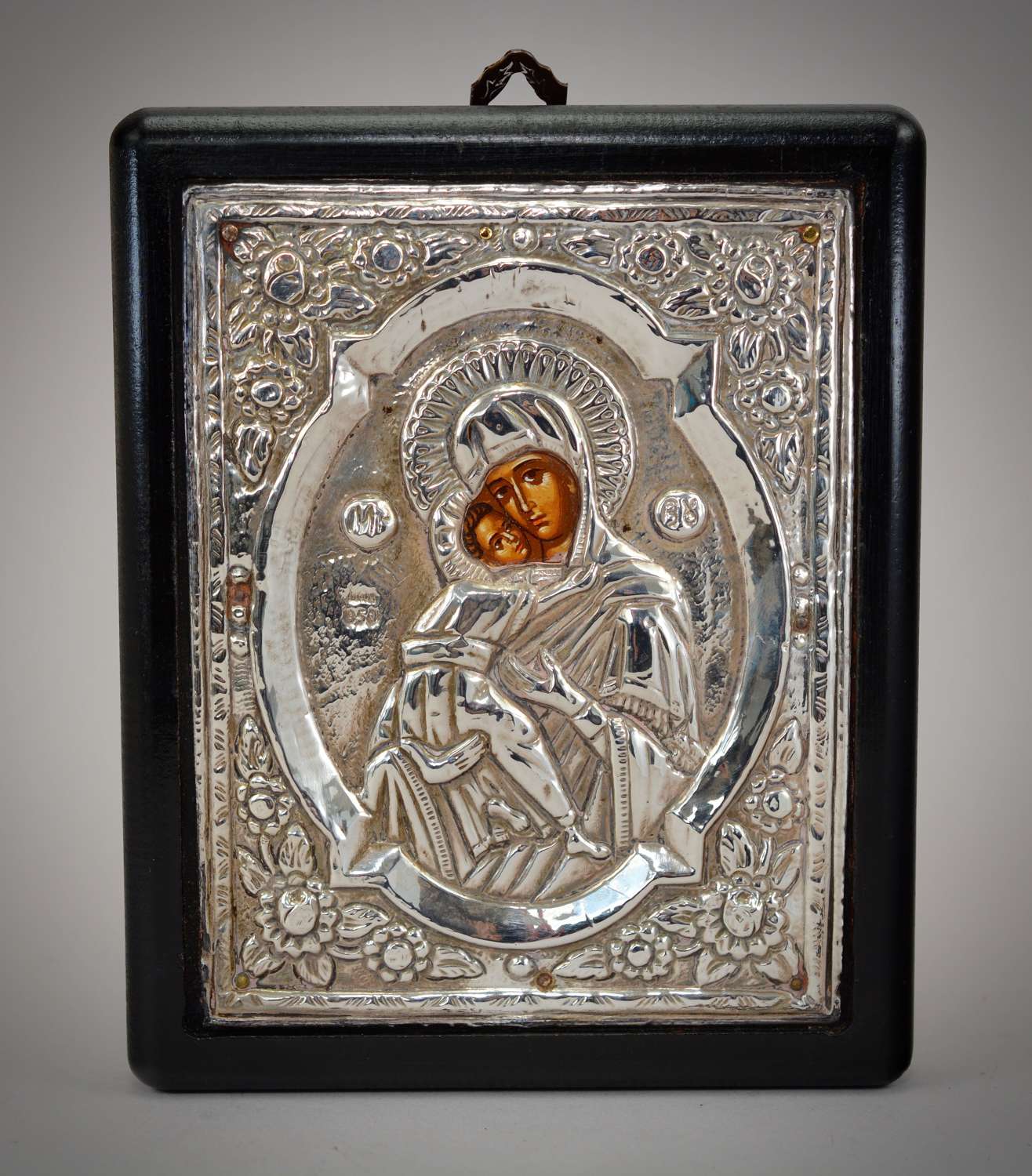 Vintage Russian icon Virgin holding Christ child
