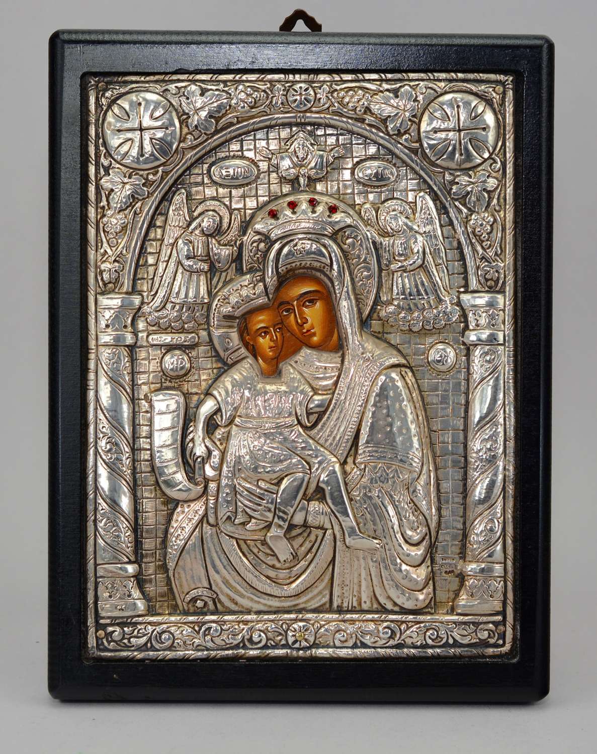 Vintage Russian icon Virgin holding Christ child