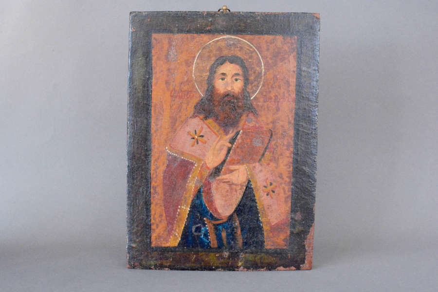 A 19th century painted oil on pine wood panel of Christ Pantocrator