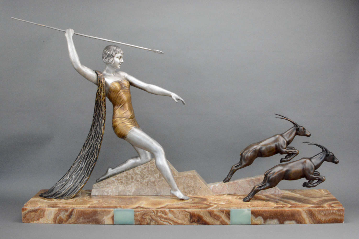 Art Deco Diana the huntress figural group by  J.Dauvergne