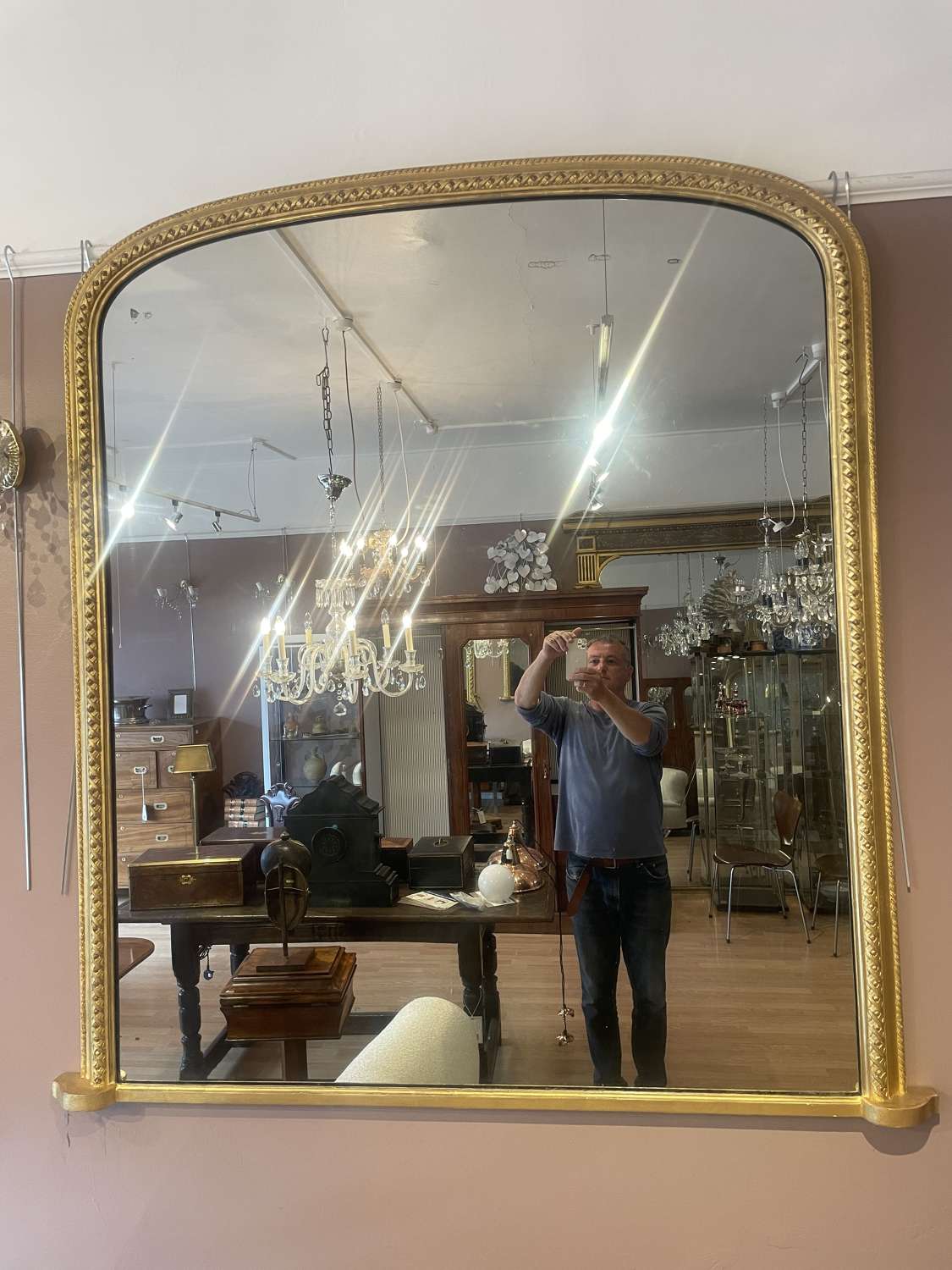 English Antique Large Gilded Overmantle Mirror c.1865