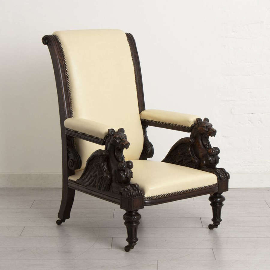 Antique Baronial Chair with Hand Carved Winged Griffins, c.1850
