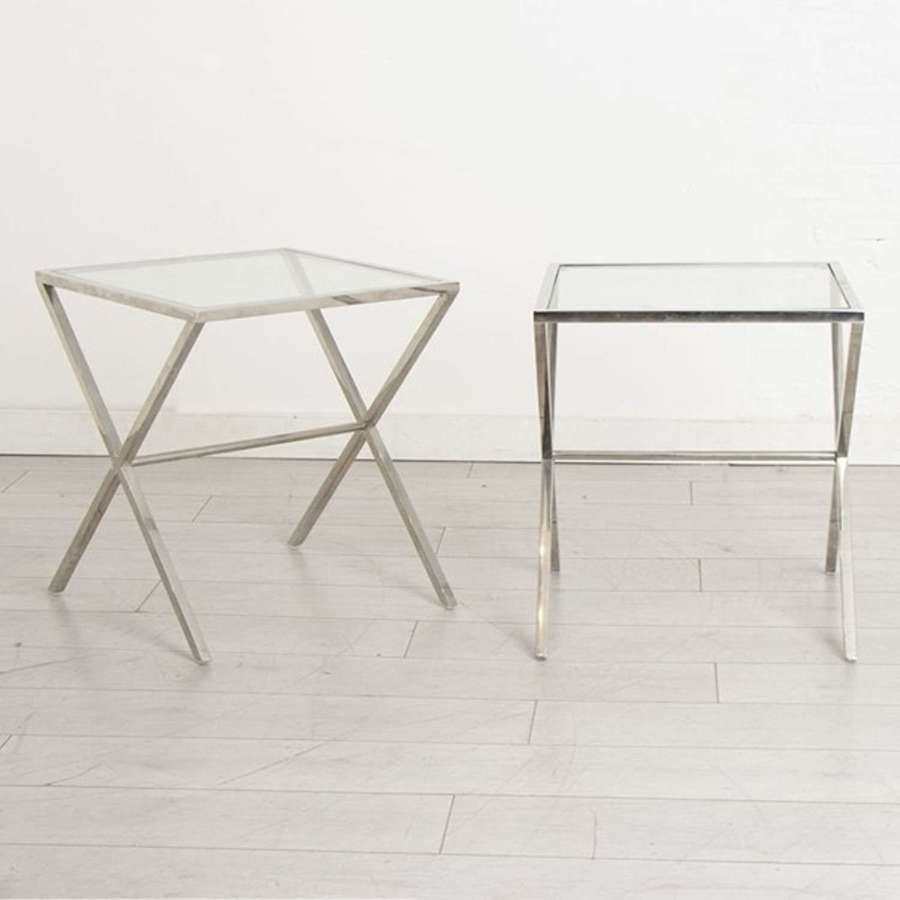 Pair of Italian 1970s Midcentury glass & chrome Side Tables